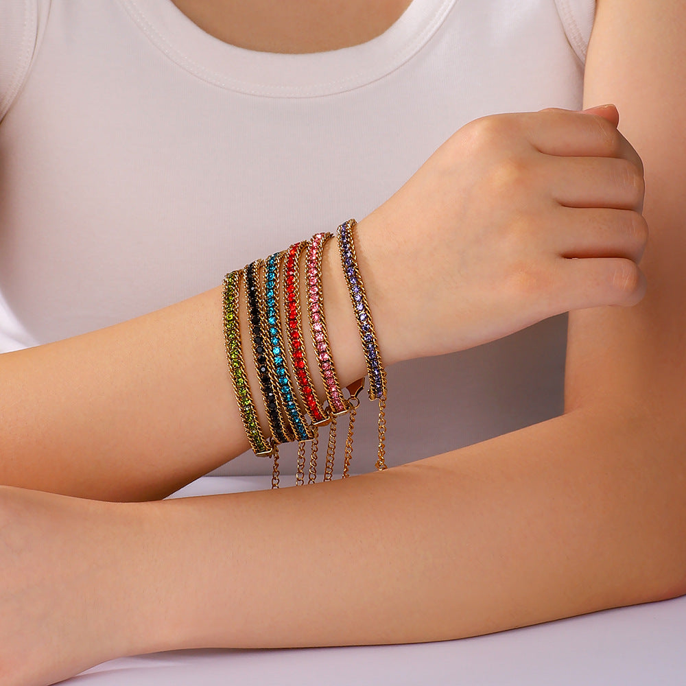 Bohemian Stainless Steel 18K Gold Plated Geometric Bracelet with Colorful Rhinestones Minimalist Women's Jewelry