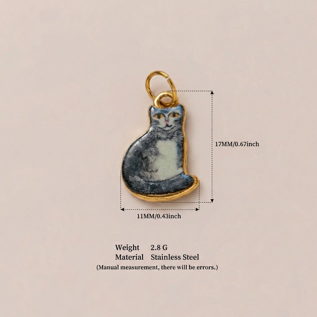 Cute Cat Cartoon Ceramic Drip Oil Plated Stainless Steel Charm Bar Pendant