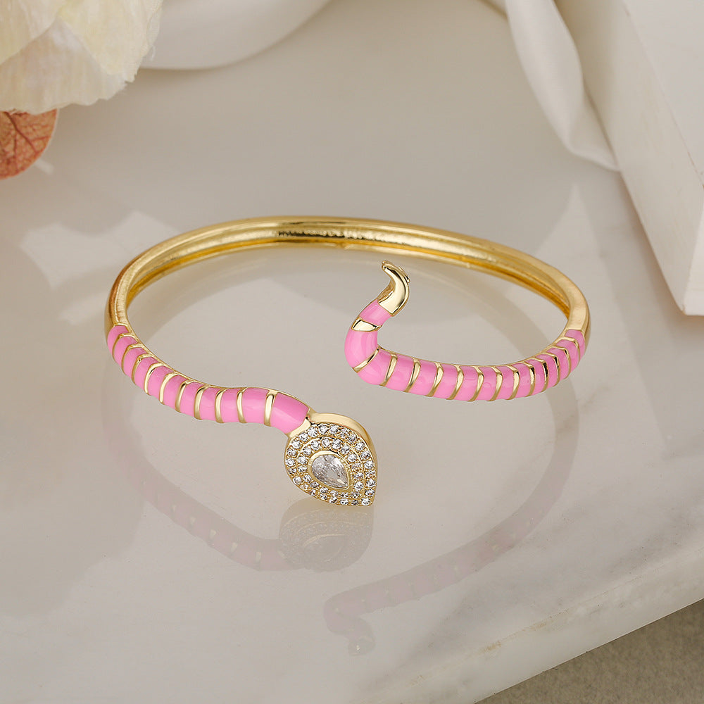 Bohemian Style Snake-Shaped Enamel Zirconia Cuff Bracelet for Women