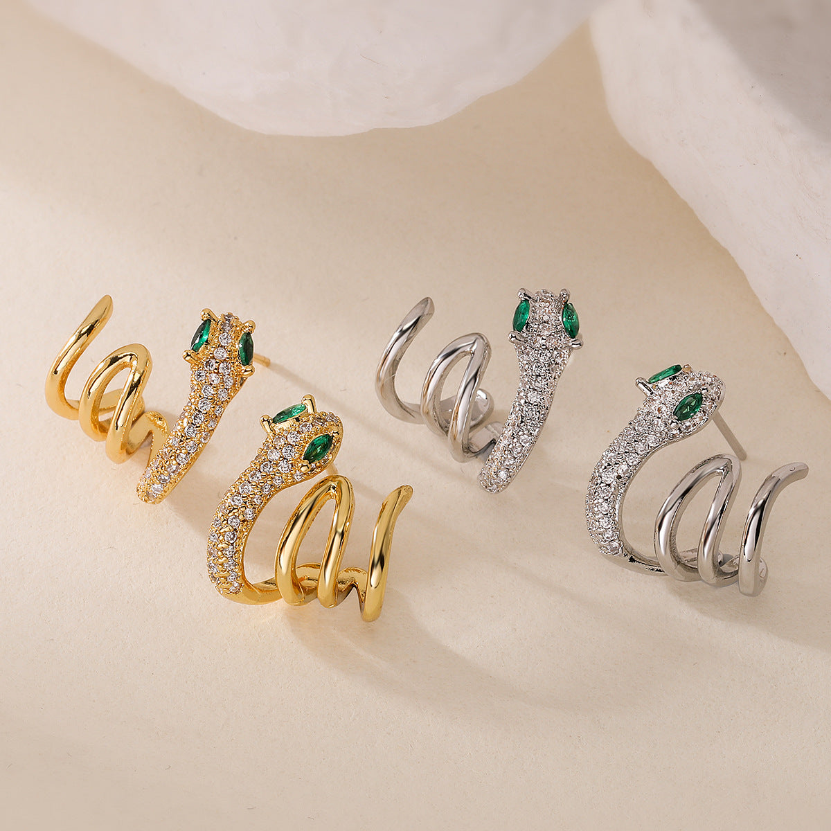 Minimalist Snake-Shaped Copper Earrings with 18K Gold Plating and Zircon Inlay for Women