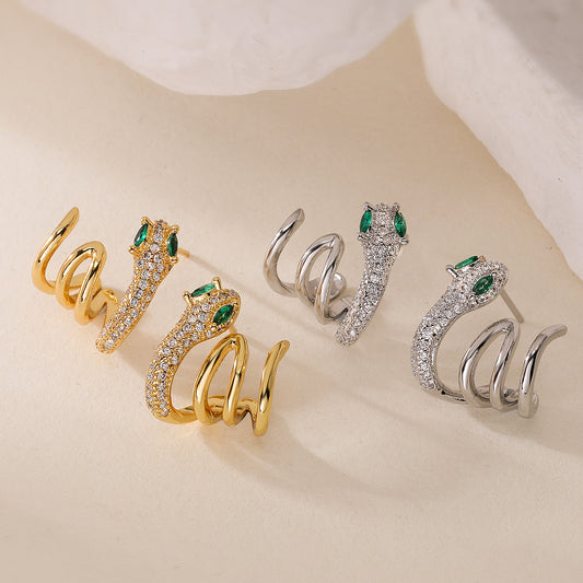 Minimalist Snake-Shaped Copper Earrings with 18K Gold Plating and Zircon Inlay for Women