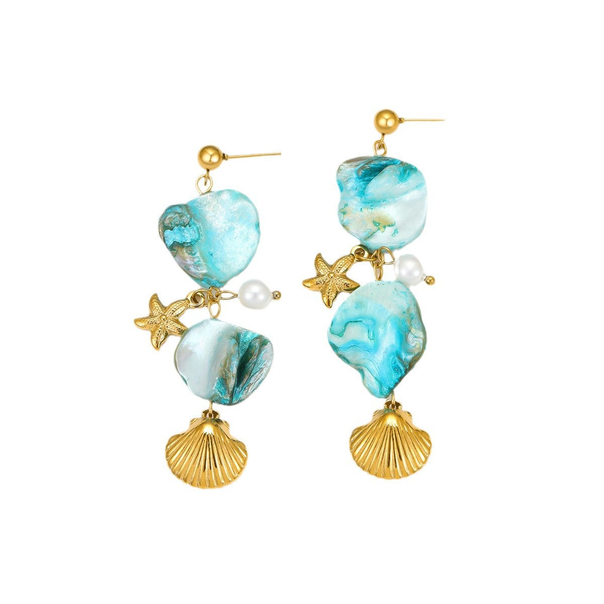 Pendientes de borla de acero inoxidable estilo playa bohemio con detalles de perlas y conchas de estrella de mar