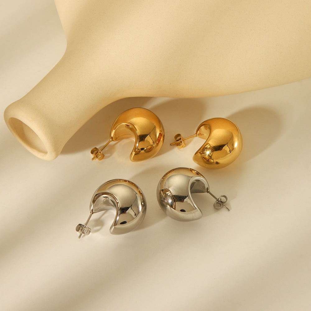 Geometric C-Shaped Titanium Steel Hollow Hypoallergenic Stud Earrings for Women with Vacuum Plating Finish