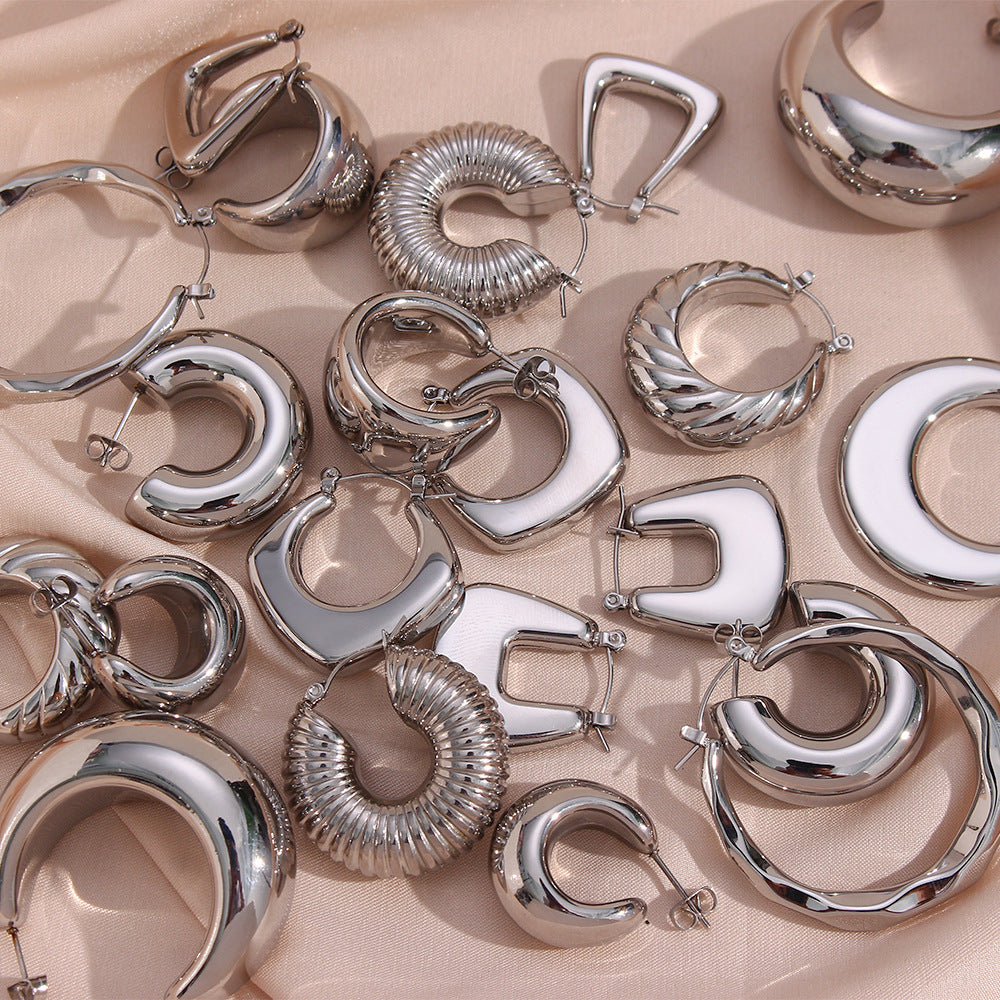 Minimalist Geometric Stainless Steel Hoop Earrings for Women with Silver Plated Finish and Diamond-Cut Faceting