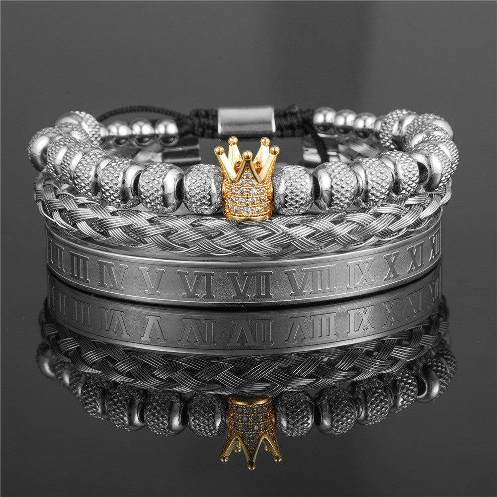 Personalized Double Leopard Head Black Agate Micro-set Cubic Zirconia Brass Stainless Steel Bracelet Set