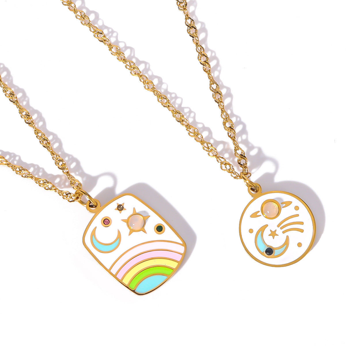 Vintage Stainless Steel Enamel-Painted Star and Moon Pendant Necklace with Cat's Eye Inlay for Women
