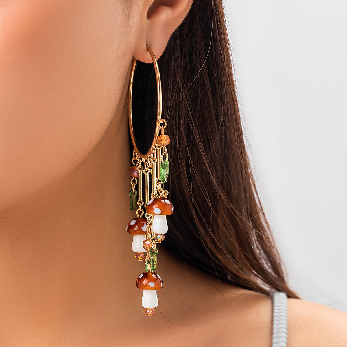 Pendientes de borla de seta rústicos florales para mujer con marco de metal de forma geométrica y acabado chapado