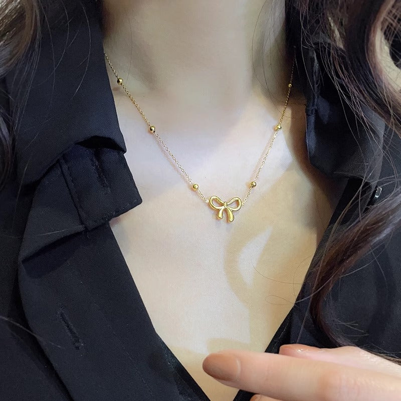 Minimalist Bow Knot Lucky Bead Necklace 18K Gold Plated Titanium Steel O-Chain Unisex