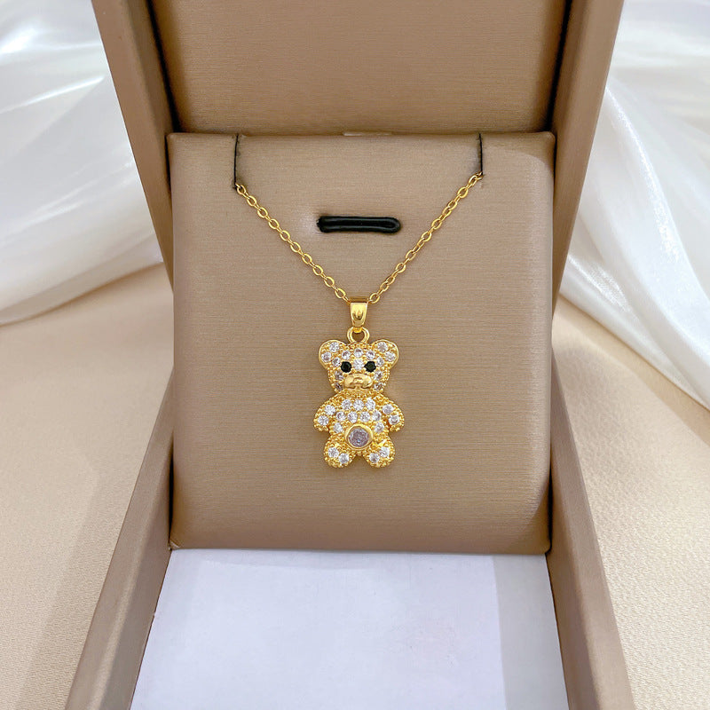 Minimalist Geometric Titanium Steel Necklace with Gold Plated Brass Pendant and Rhinestone Inlay