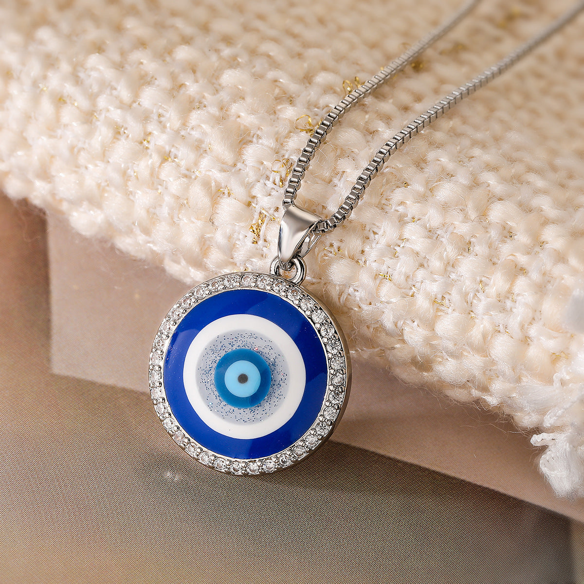 Minimalist Geometric Evil Eye Pendant Necklace in Brass with Gold Plating and Zircon Inlay