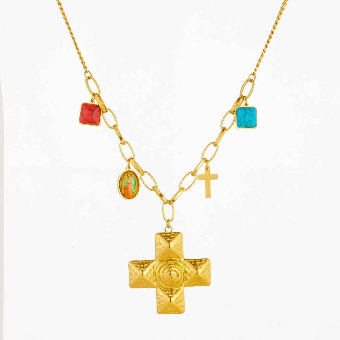 Hip-hop Gold Plated Stainless Steel Cross Geometric Pendant Necklace with Turquoise and Irregular Chain