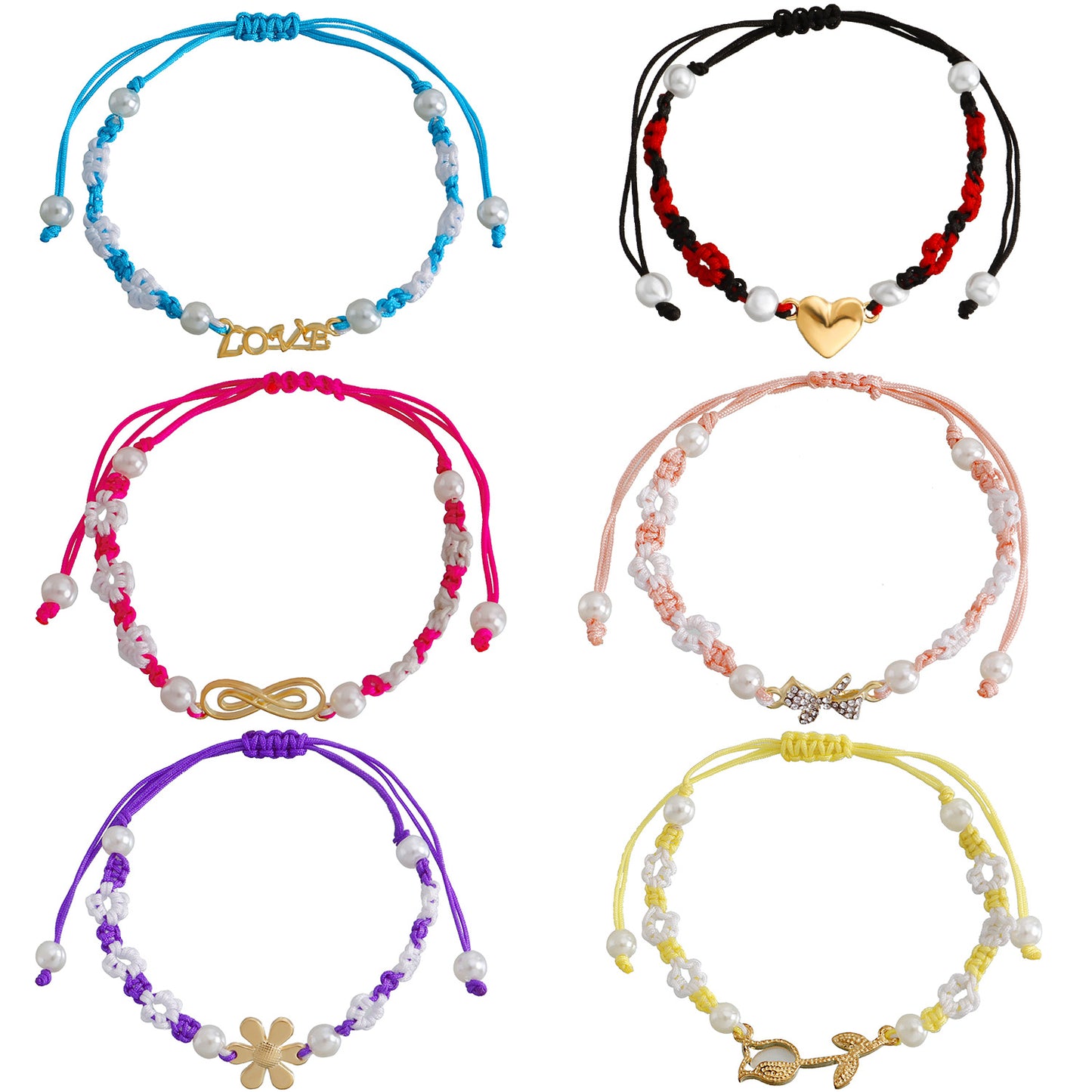 Minimalist Braided Flower Adjustable Colorful Cord Bracelet with Geometric Heart Design Alloy Plated Hand Jewelry