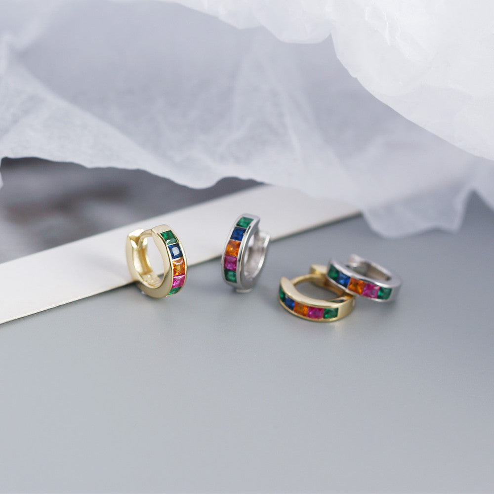 Minimalist 925 Sterling Silver Square Geometric Cubic Zirconia Inlay Hoop Earrings