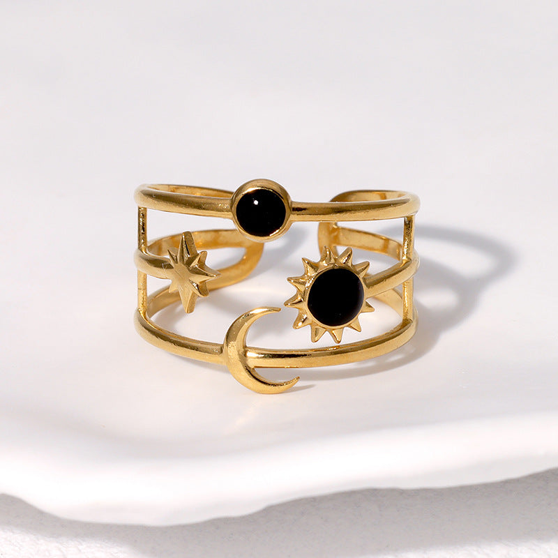 Anello da dito regolabile a forma di stella, sole e luna da donna in acciaio inossidabile con finitura placcata, design minimalista e unico