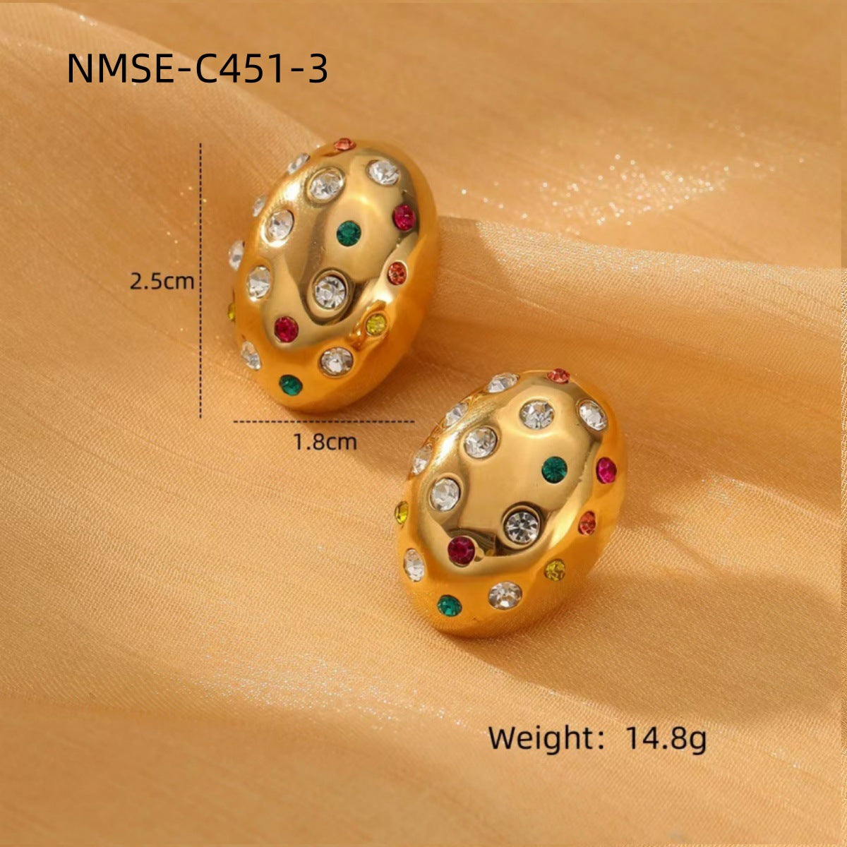 Fashionable Oval-Shaped Titanium Steel Stud Earrings for Women with Rhinestone Inlay and Plated Finish