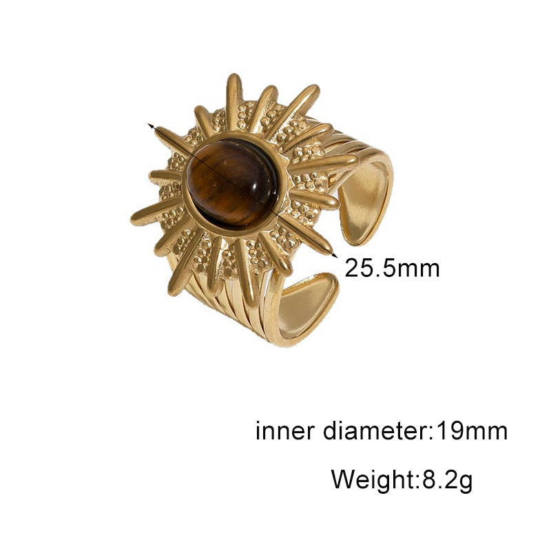 Vintage 18K Gold Plated Titanium Steel Open Ring with Tiger's Eye Inlay Round Oval Crown Design