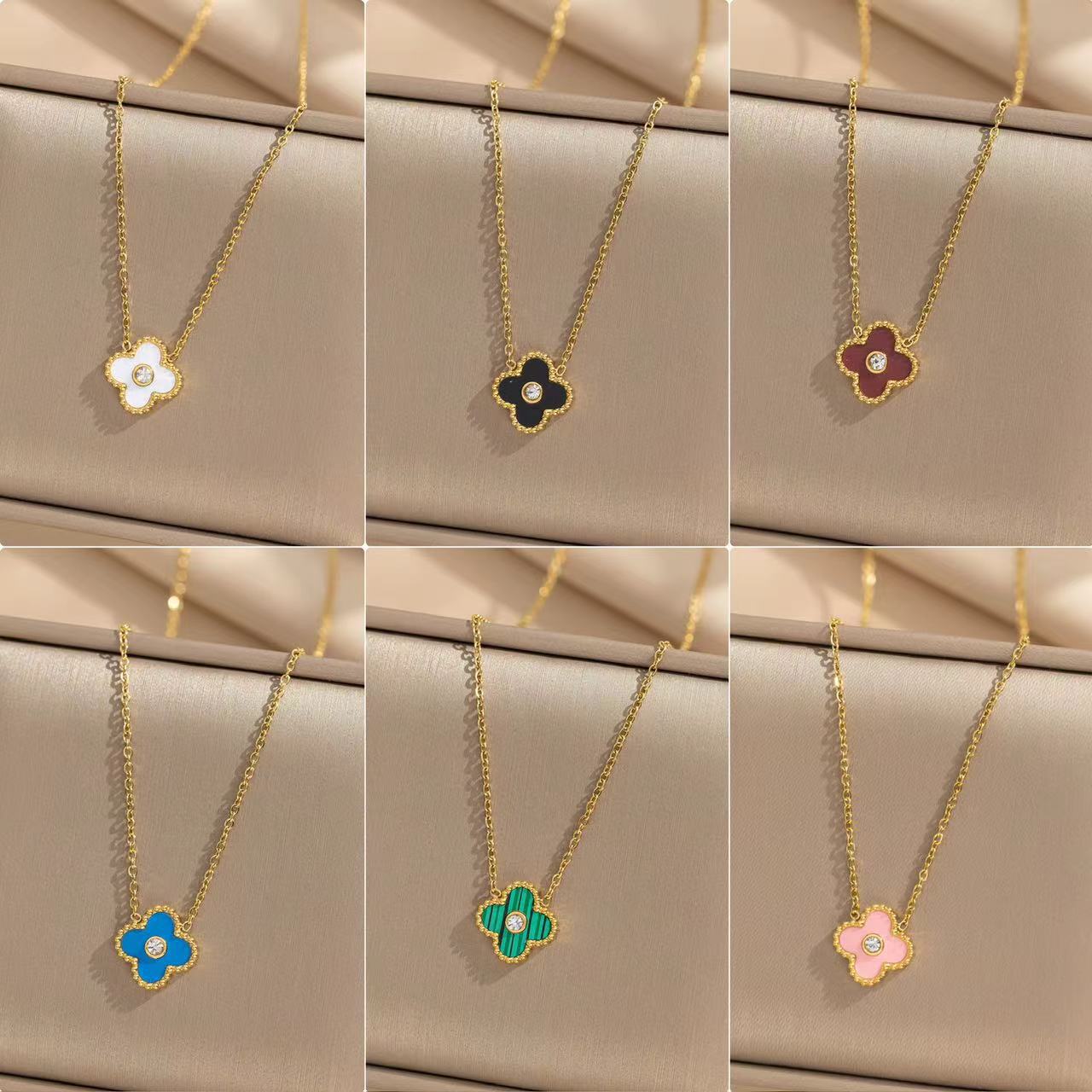 Collana con ciondolo minimalista a quadrifoglio portafortuna da donna in acciaio al titanio con finitura placcata