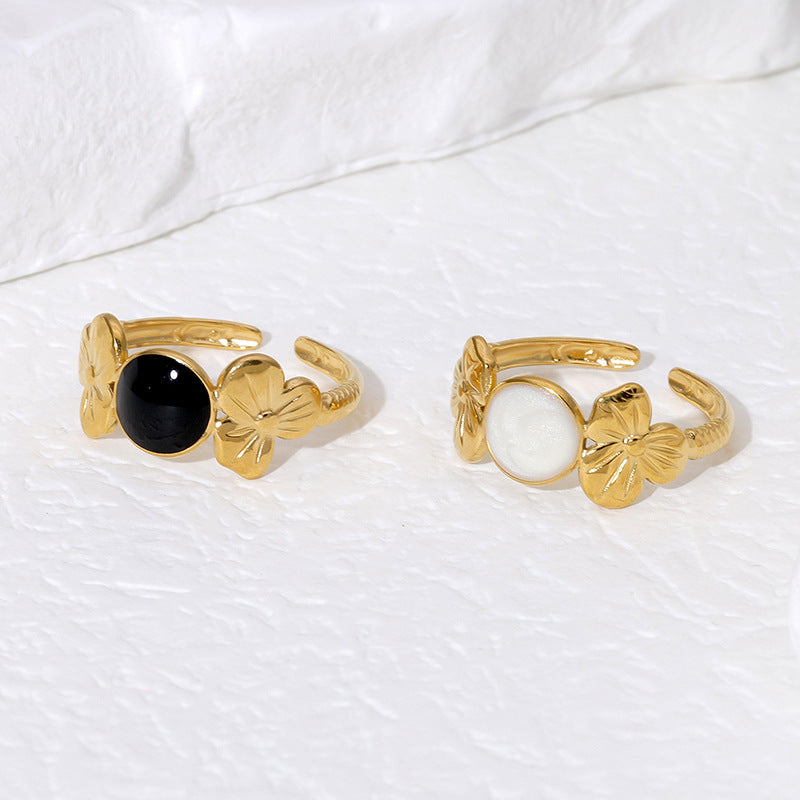 Minimalist Floral Drip Oil Plated Stainless Steel Open Ring for Women