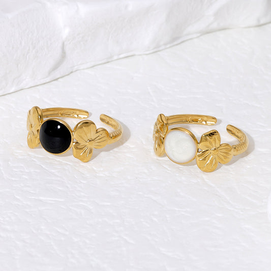 Minimalist Floral Drip Oil Plated Stainless Steel Open Ring for Women