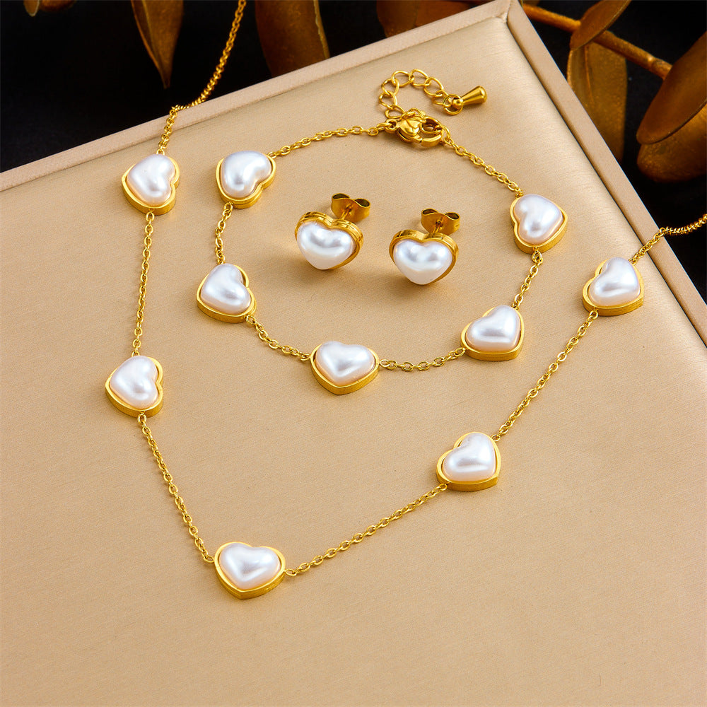 Minimalist Gold Plated Stainless Steel Heart Butterfly Teardrop Pearl Jewelry Set for Women