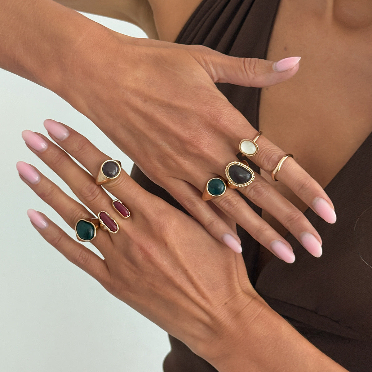 Vintage Luxury Oval Geometric Gemstone Plated Zinc Alloy Open Ring for Women