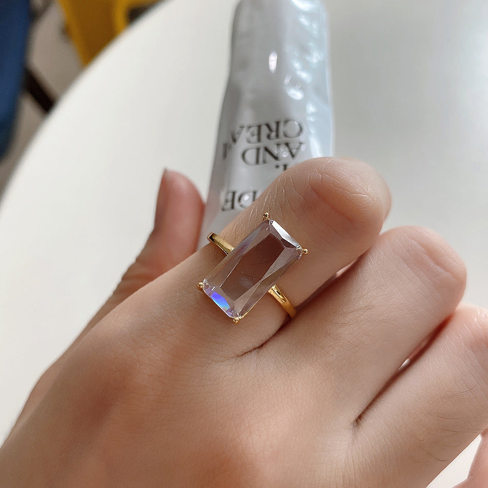 Anello da donna minimalista, dolce, in argento sterling 925, rettangolare, geometrico, intarsiato con zirconi cubici
