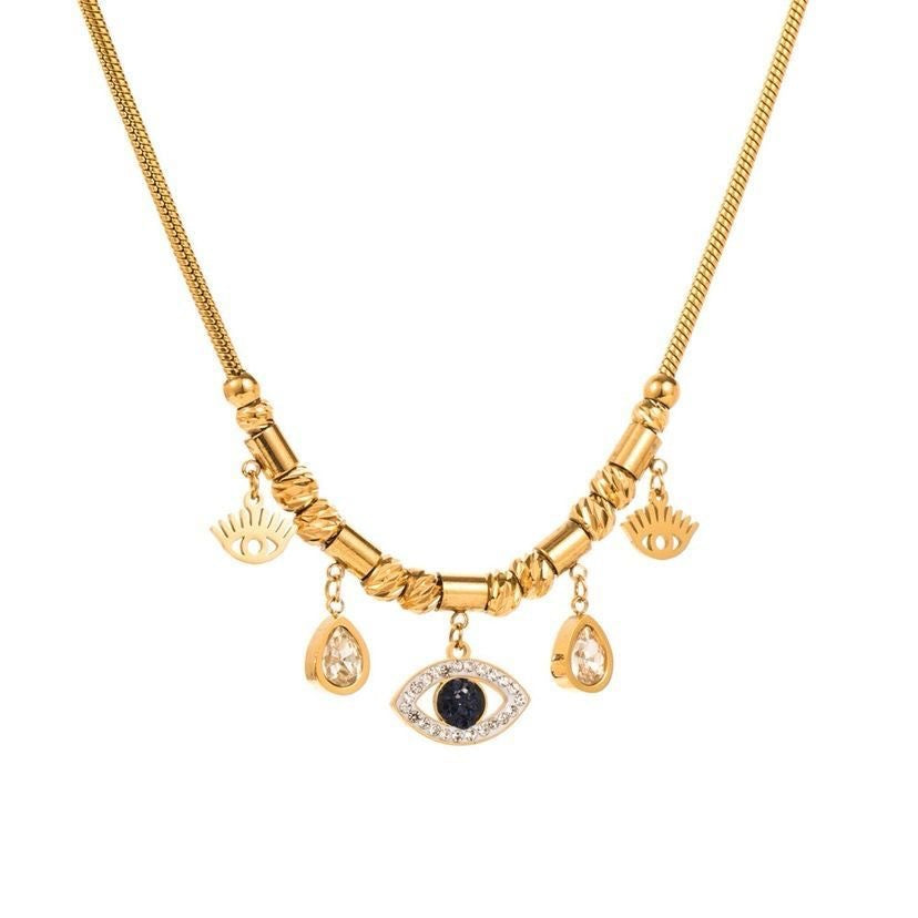 Evil Eye Teardrop Rhinestone Plated Titanium Steel Necklace for Women