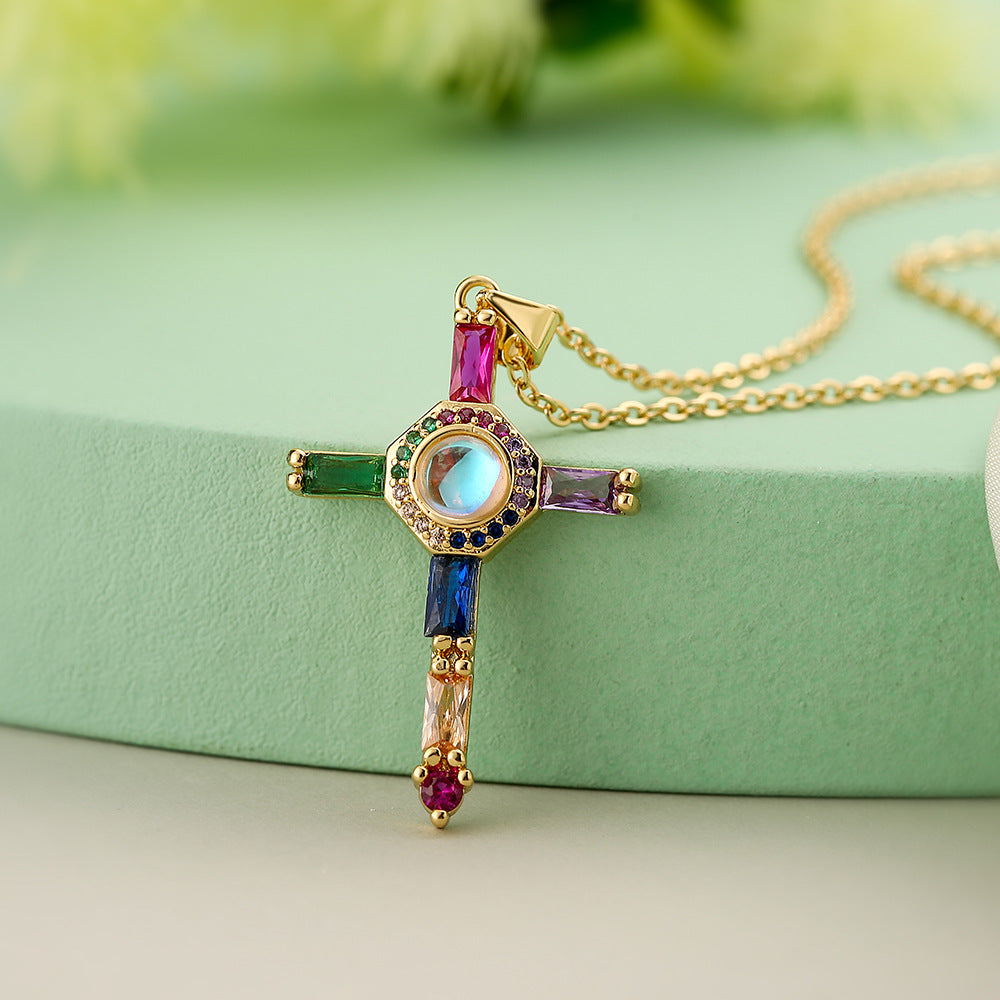 Collana con Ciondolo a Croce Minimalista da Donna in Rame con Placcatura in Oro 18K e Intarsio in Zirconi