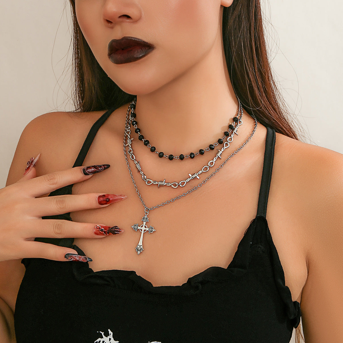 Gothic Hip-hop Cross Pendant Alloy Plated Curb Chain Necklace for Women