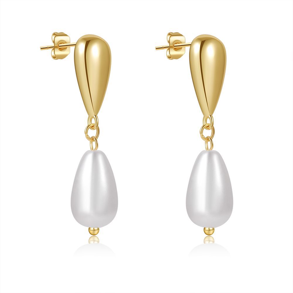 Minimalist Elegant Teardrop Round Pearl Brass Plated Earrings with 925 Sterling Silver Posts for Women