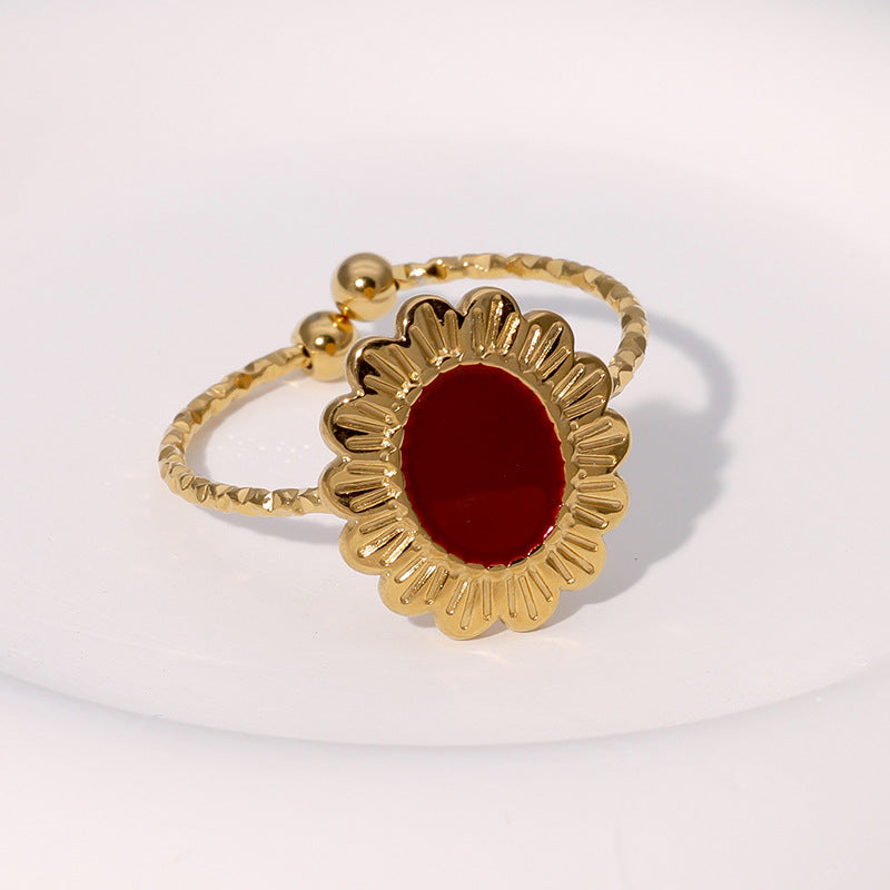 Vintage French-Style Geometric Stainless Steel Adjustable Open Ring for Women with Polished Finish and Heart-Eye Motif