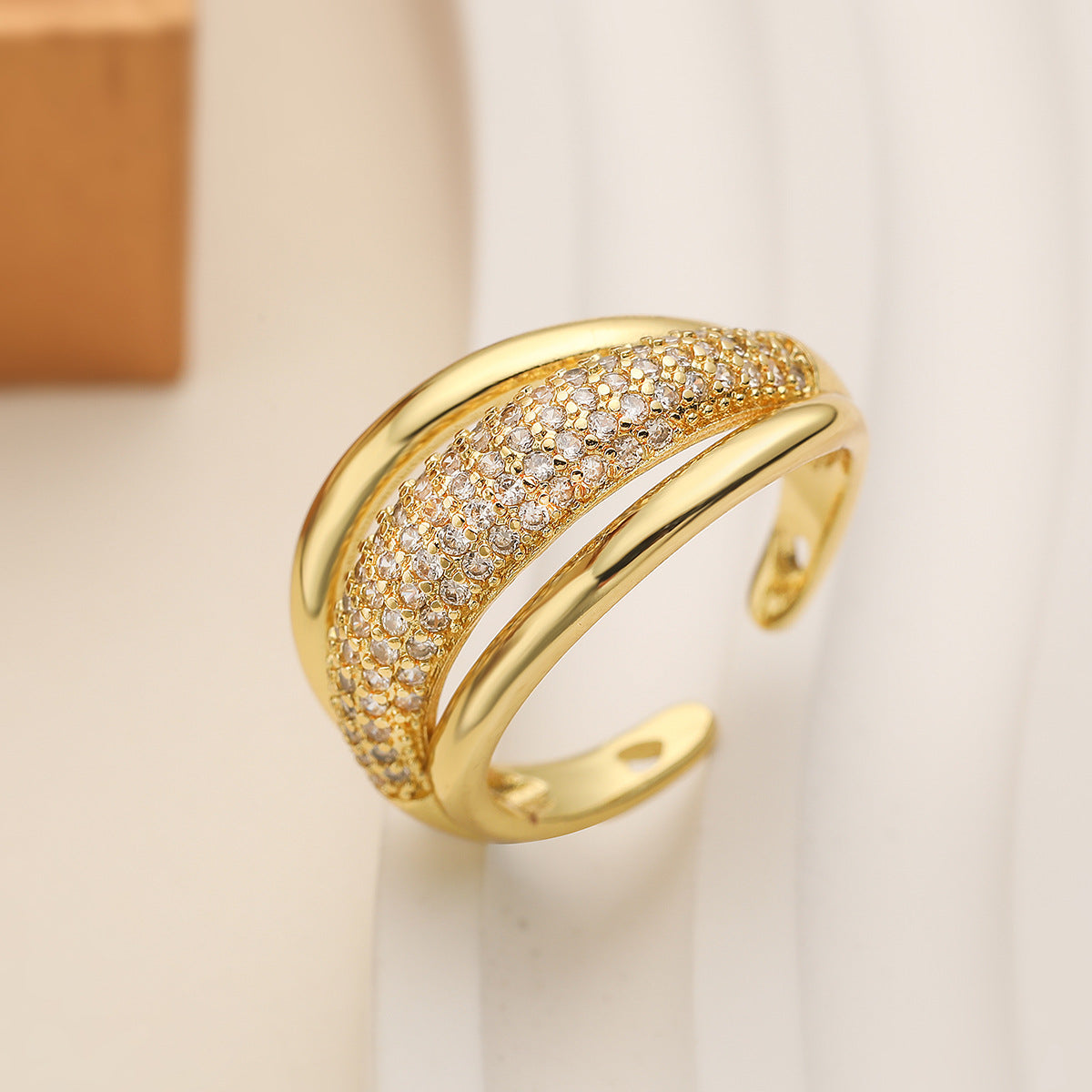 Geometric Open Ring for Women with Copper Base Plated in 18K Gold and Micro-Paved Zirconia, Fashion-Forward Minimalist Design