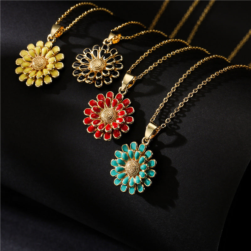 18K Gold Plated Brass Drip Oil Geometric Sunflower Pendant Box Chain Necklace