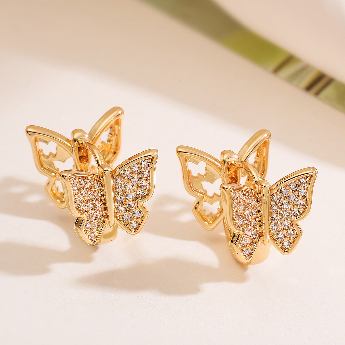 Elegant Butterfly-Shaped Hollow-Out Earrings for Women with Copper Base and 18K Gold Plating, Micro-Paved Zirconia, Geometric Design