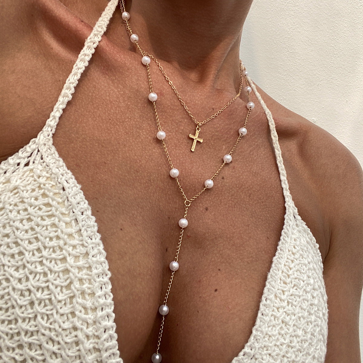 Multi-Layer Faux Pearl Cross Pendant Tassel Alloy Necklace for Women