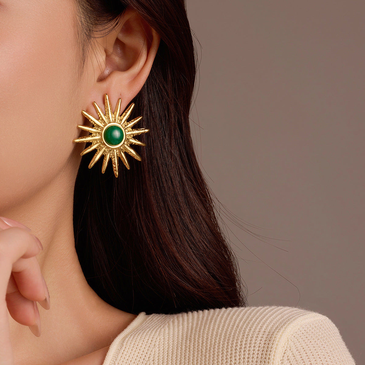 Pendientes de acero inoxidable en forma de girasol, estilo francés vintage, con piedra natural de ojo de tigre, diseño minimalista