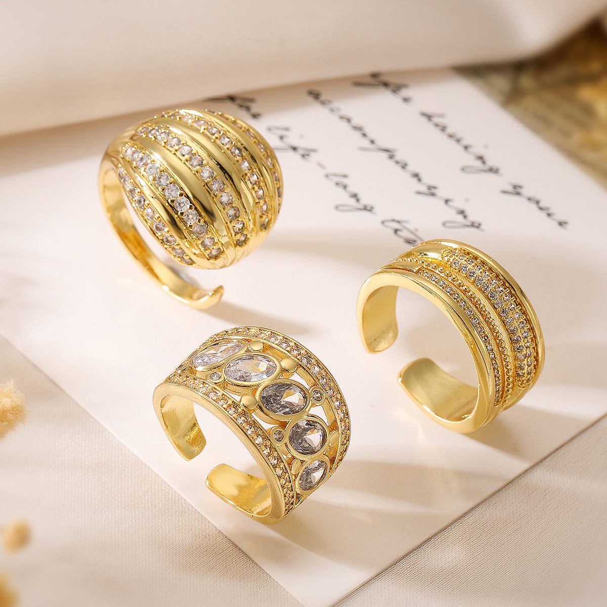 Minimalist Geometric Open Ring for Women Made of Brass with Real Gold Plating and Zircon Inlay