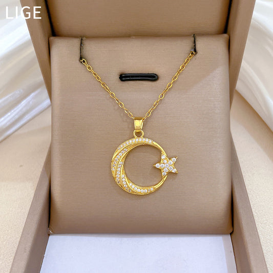 Sweet Elegant Moon Star Geometric Rhinestone Titanium Steel Necklace Unisex Cable Chain