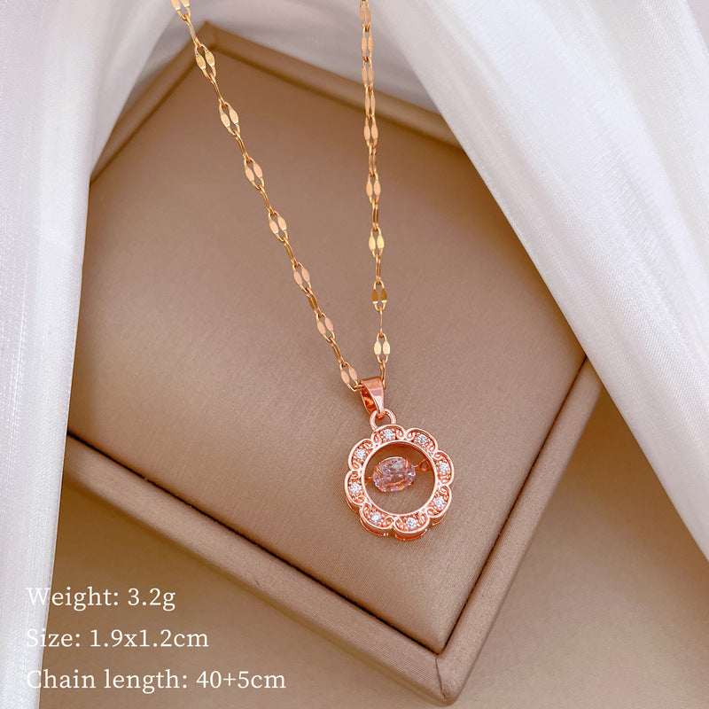 Luxury Minimalist Sweet Geometric Rhinestone Pendant Necklace for Women Titanium Steel O-Chain