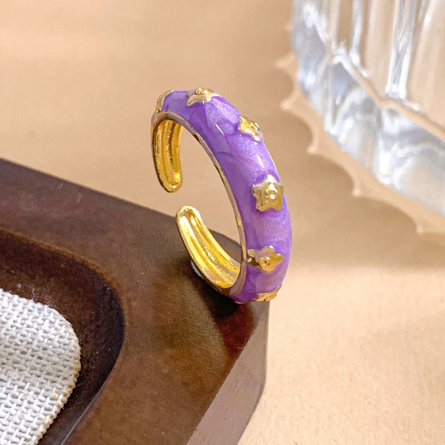 Vintage Sweet Gold Plated Brass Enamel Heart Adjustable Ring for Women