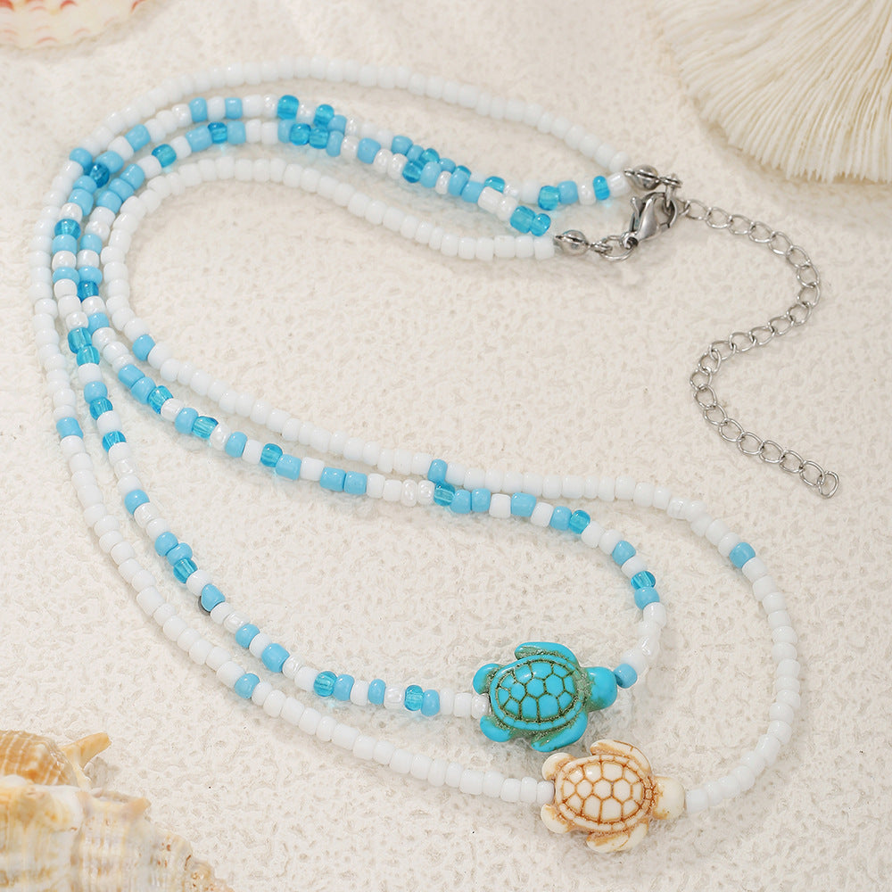 Geometric Round Stainless Steel and Resin Necklace with Starfish Shell Turtle Charms Cable Chain Unisex