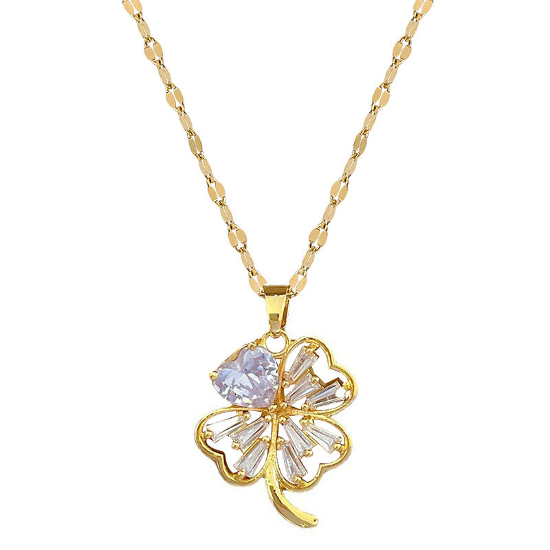 Minimalist Four-Leaf Clover Pendant Necklace and Stud Earrings Set in Titanium Steel with Plated Finish for Women