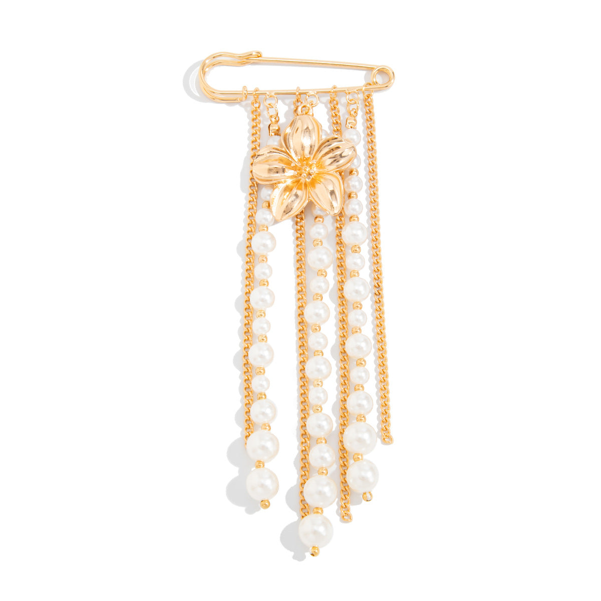 Sweet Casual Floral Plated Pearl Brooch with Tassel Chain for Women