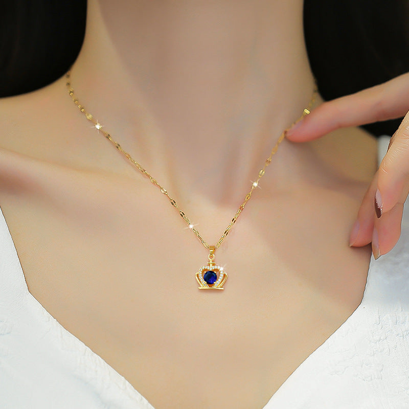 Luxury Blue Crown Pendant Necklace for Women Titanium Steel Geometric Locket Chain with Zircon Inlay