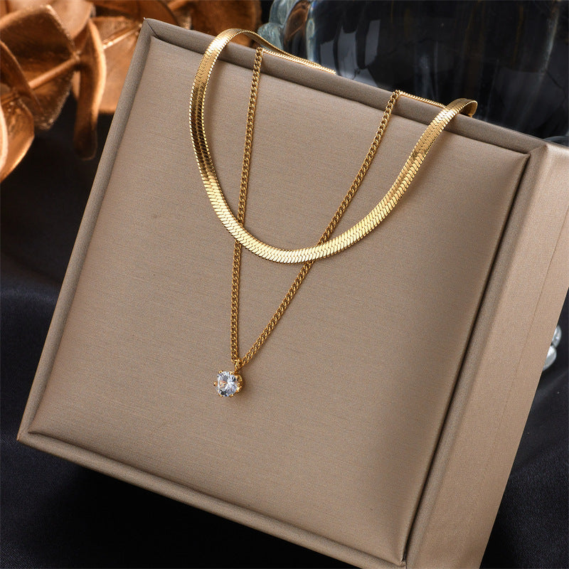 Minimalist Geometric Titanium Steel Plated Multi-Layer Clavicle Necklace with Rhinestone Accents for Women