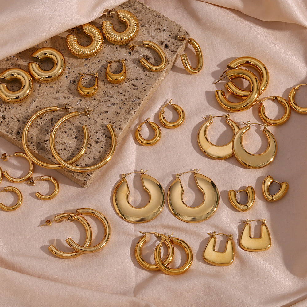 Minimalist Geometric Stainless Steel Hoop Earrings with 18K Gold Plating for Women