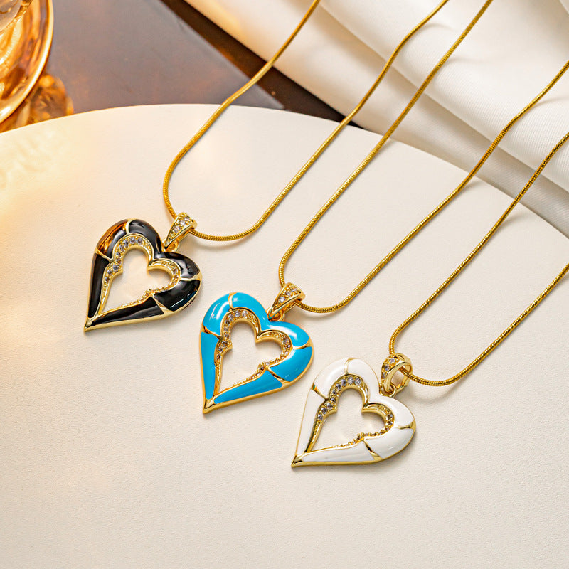 Fashionable Heart-Shaped Titanium Steel Snake Chain Necklace with 18K Gold Plating Enamel Finish and Rhinestone Inlay