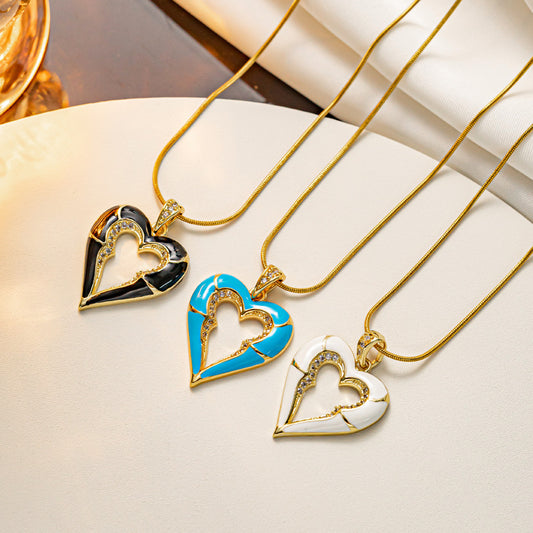 Fashionable Heart-Shaped Titanium Steel Snake Chain Necklace with 18K Gold Plating Enamel Finish and Rhinestone Inlay