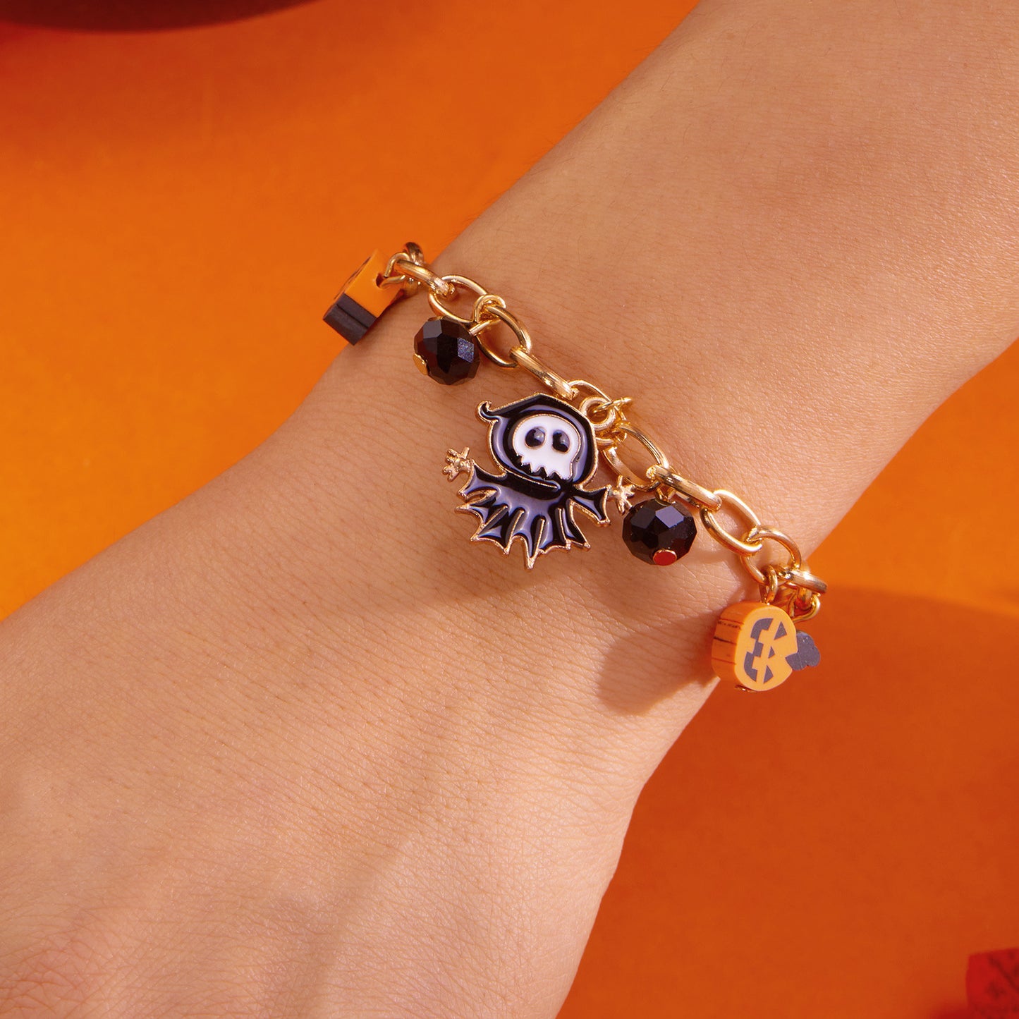 Cartoon-Style Halloween Ghost Pumpkin Bat Multi-Pendant Polymer Clay Bracelet with Plated Alloy