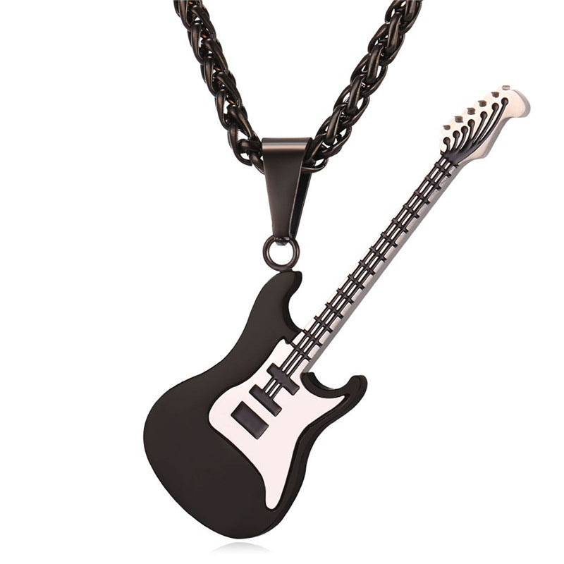 Natural Style Geometric Guitar Pendant Necklace for Unisex in Stainless Steel with Polished Titanium Steel Charm